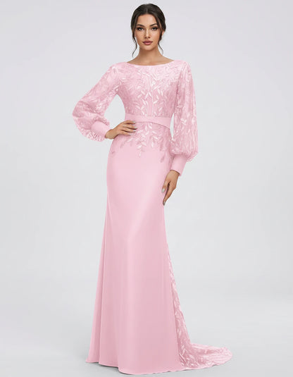 Sequin Chiffon Long Sleeve Crew Neck Mermaid Maxi Dress for Party, Cocktail, Evening, Wedding Guest, Summer Events, front vie