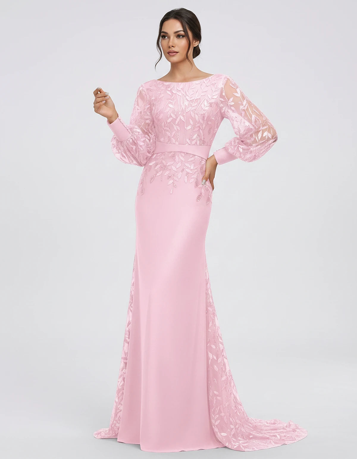 Sequin Chiffon Long Sleeve Crew Neck Mermaid Maxi Dress for Party, Cocktail, Evening, Wedding Guest, Summer Events, front vie