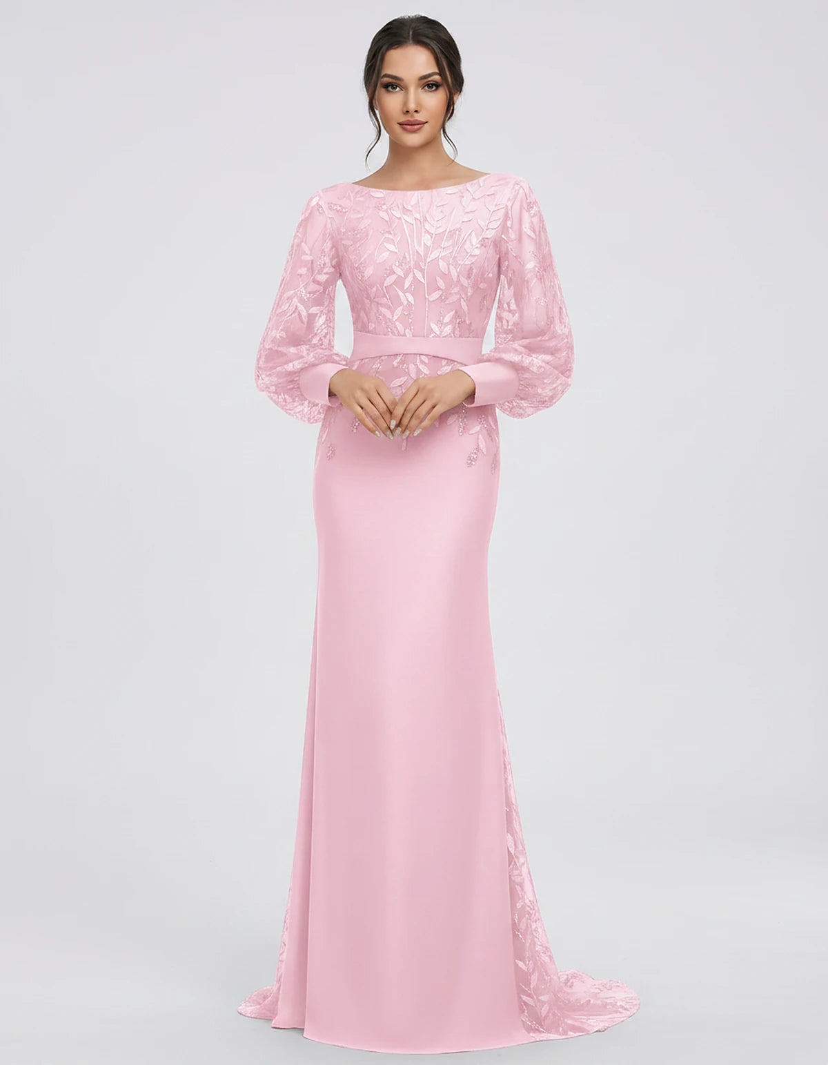 Sequin Chiffon Long Sleeve Crew Neck Mermaid Maxi Dress for Party, Cocktail, Evening, Wedding Guest, Summer Events, front vie