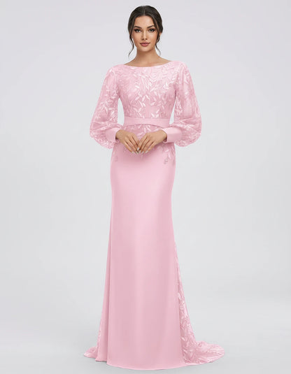 Sequin Chiffon Long Sleeve Crew Neck Mermaid Maxi Dress for Party, Cocktail, Evening, Wedding Guest, Summer Events, front vie