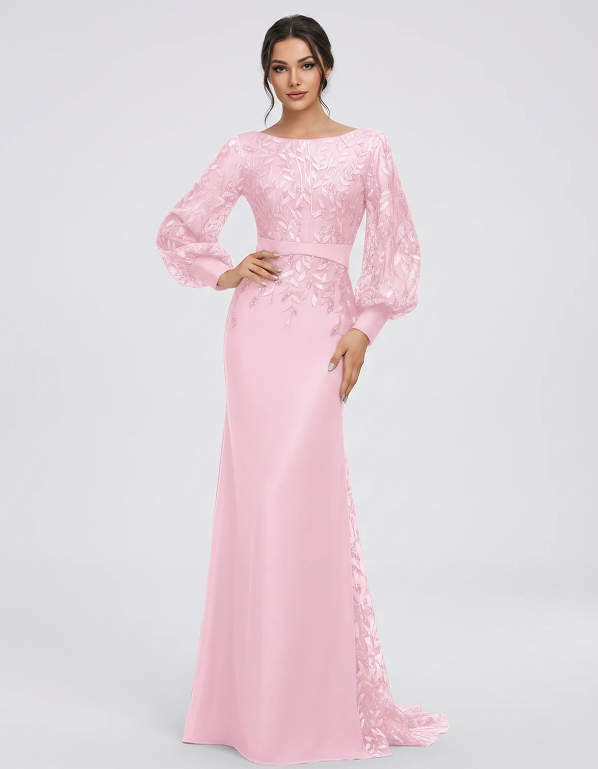 Sequin Chiffon Long Sleeve Crew Neck Mermaid Maxi Dress for Party, Cocktail, Evening, Wedding Guest, Summer Events, front vie