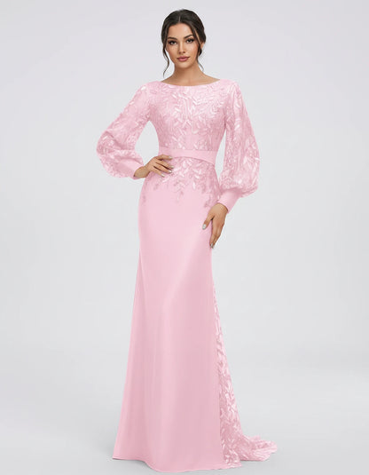 Sequin Chiffon Long Sleeve Crew Neck Mermaid Maxi Dress for Party, Cocktail, Evening, Wedding Guest, Summer Events, front vie