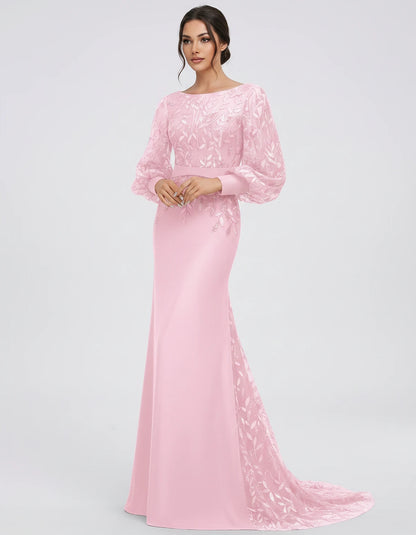 Sequin Chiffon Long Sleeve Crew Neck Mermaid Maxi Dress for Party, Cocktail, Evening, Wedding Guest, Summer Events, front vie
