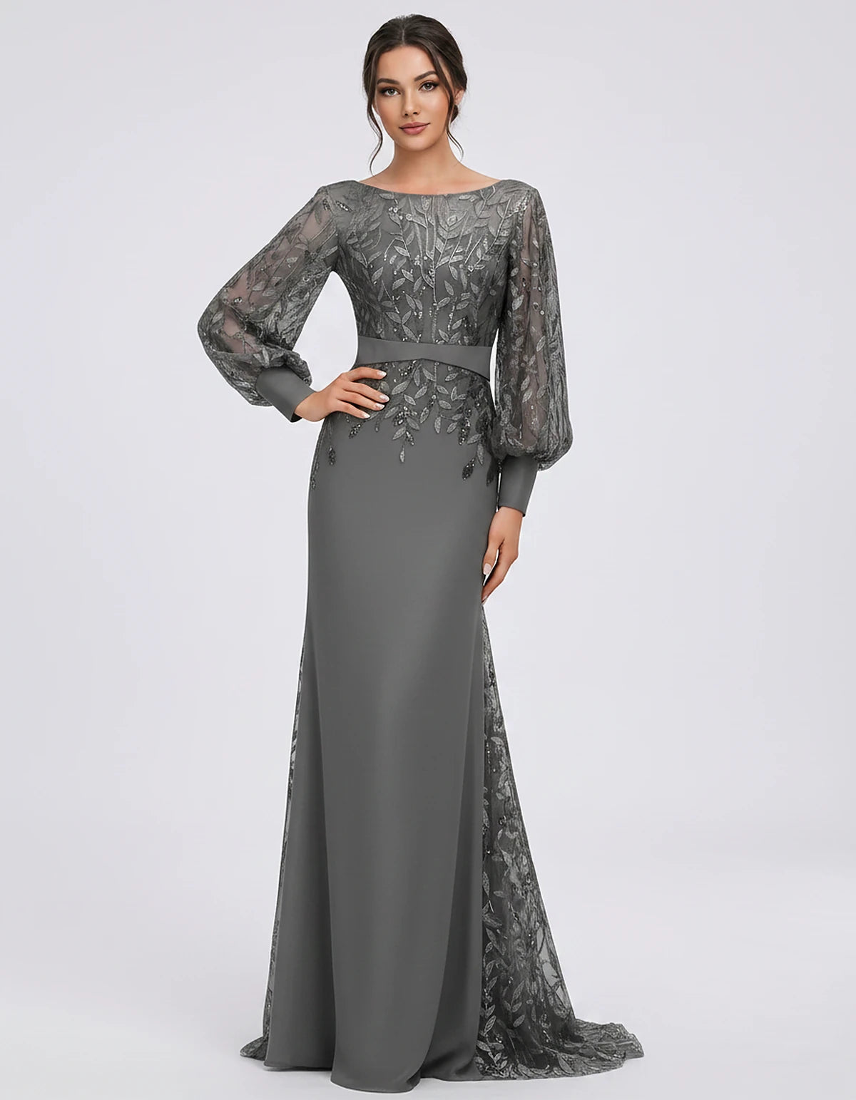 Sequin Chiffon Long Sleeve Crew Neck Mermaid Maxi Dress for Party, Cocktail, Evening, Wedding Guest, Summer Events, front vie