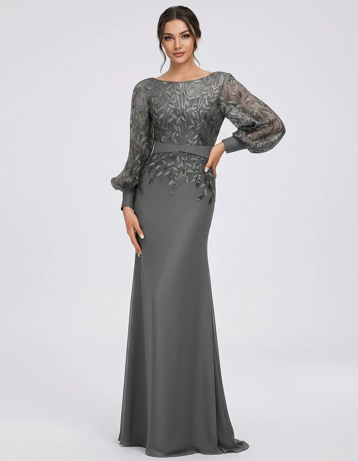 Sequin Chiffon Long Sleeve Crew Neck Mermaid Maxi Dress for Party, Cocktail, Evening, Wedding Guest, Summer Events, front vie