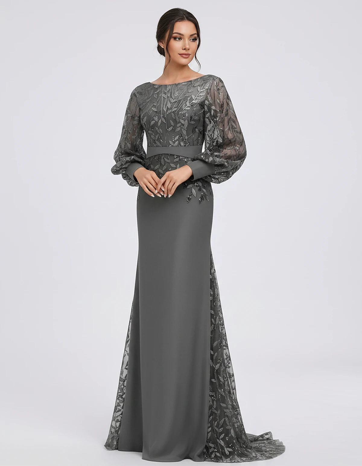 Sequin Chiffon Long Sleeve Crew Neck Mermaid Maxi Dress for Party, Cocktail, Evening, Wedding Guest, Summer Events, front vie