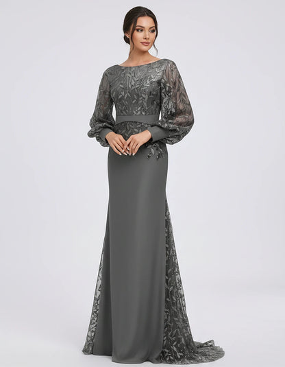 Sequin Chiffon Long Sleeve Crew Neck Mermaid Maxi Dress for Party, Cocktail, Evening, Wedding Guest, Summer Events, front vie