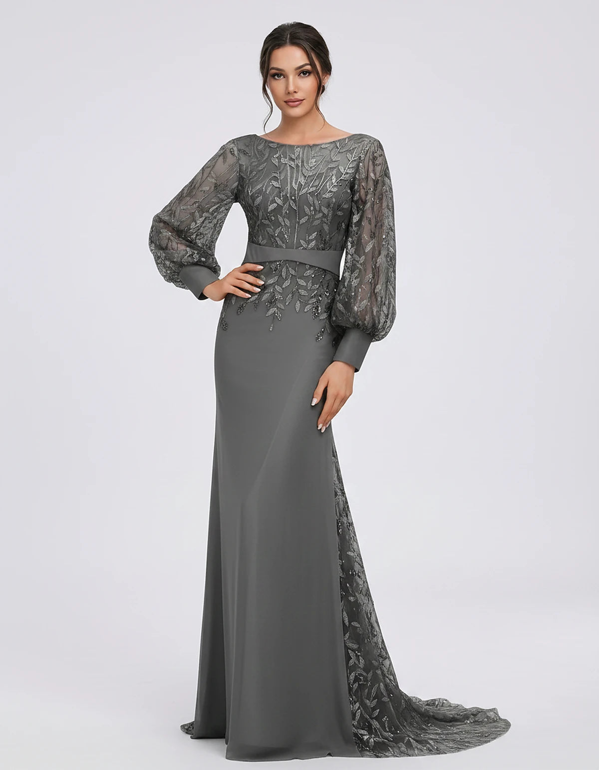 Sequin Chiffon Long Sleeve Crew Neck Mermaid Maxi Dress for Party, Cocktail, Evening, Wedding Guest, Summer Events, front vie