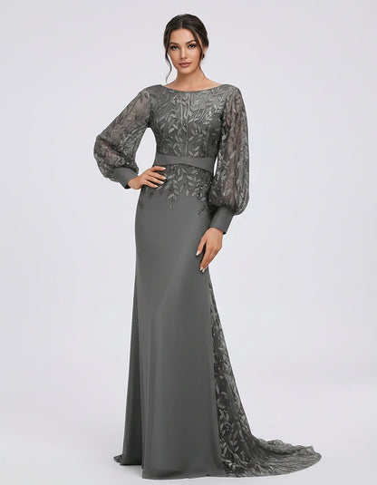 Sequin Chiffon Long Sleeve Crew Neck Mermaid Maxi Dress for Party, Cocktail, Evening, Wedding Guest, Summer Events, front vie