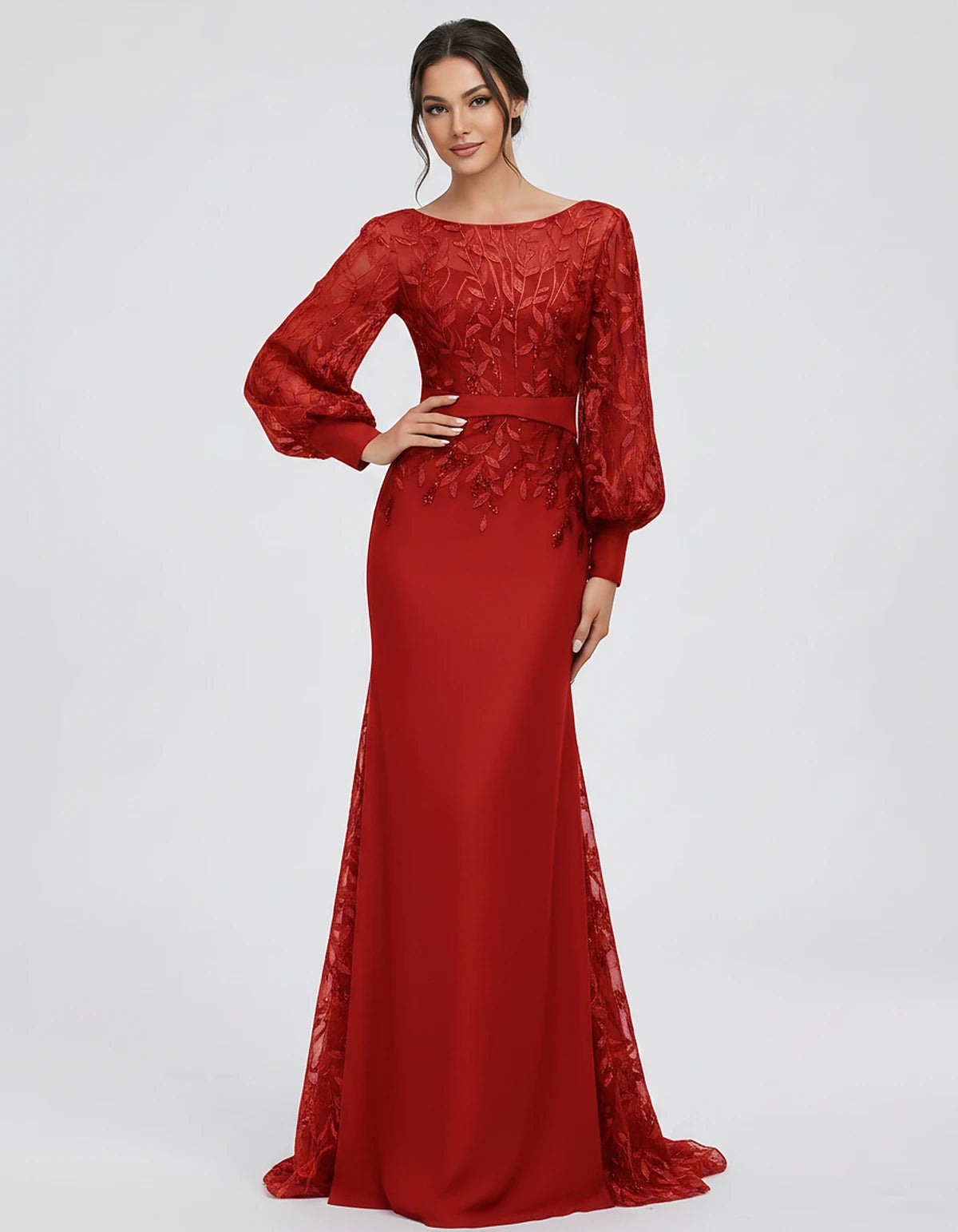 Sequin Chiffon Long Sleeve Crew Neck Mermaid Maxi Dress for Party, Cocktail, Evening, Wedding Guest, Summer Events, front vie