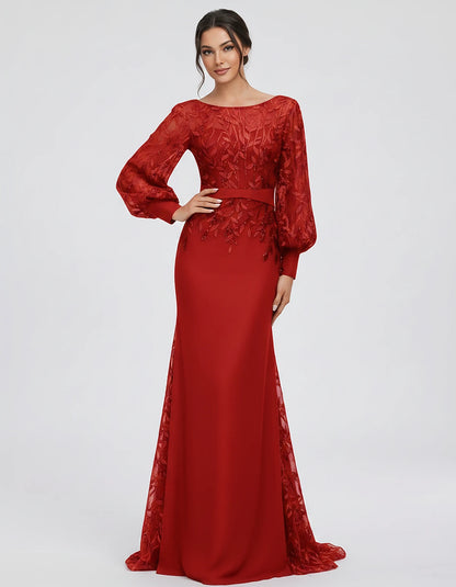 Sequin Chiffon Long Sleeve Crew Neck Mermaid Maxi Dress for Party, Cocktail, Evening, Wedding Guest, Summer Events, front vie