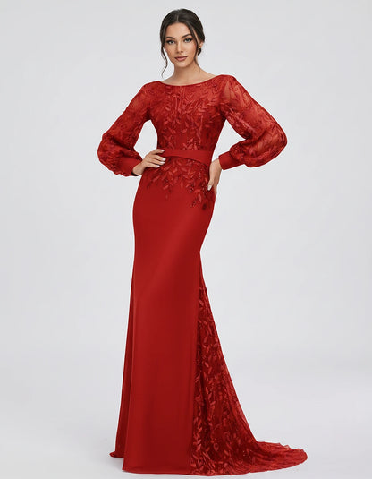 Sequin Chiffon Long Sleeve Crew Neck Mermaid Maxi Dress for Party, Cocktail, Evening, Wedding Guest, Summer Events, front vie
