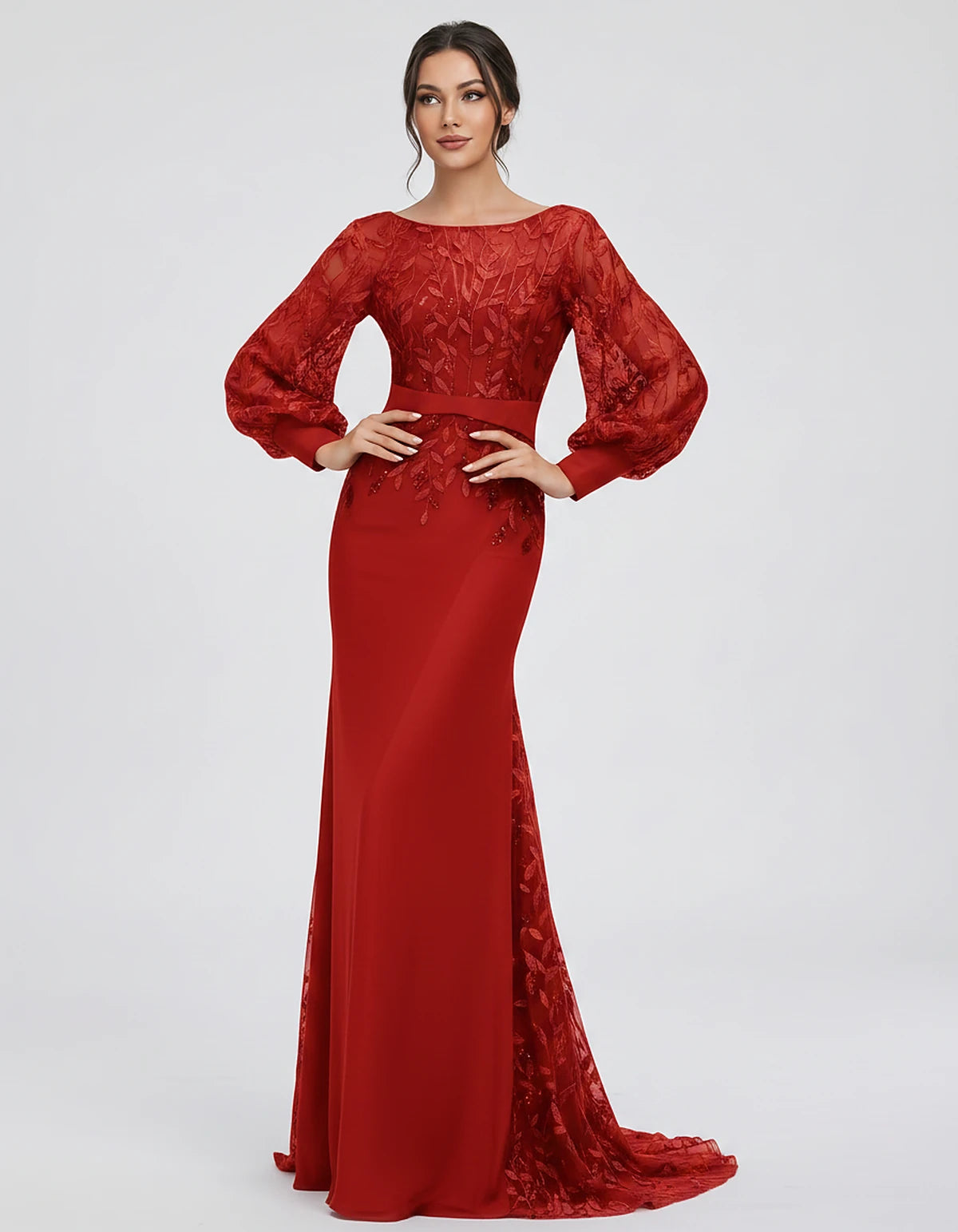 Sequin Chiffon Long Sleeve Crew Neck Mermaid Maxi Dress for Party, Cocktail, Evening, Wedding Guest, Summer Events, front vie
