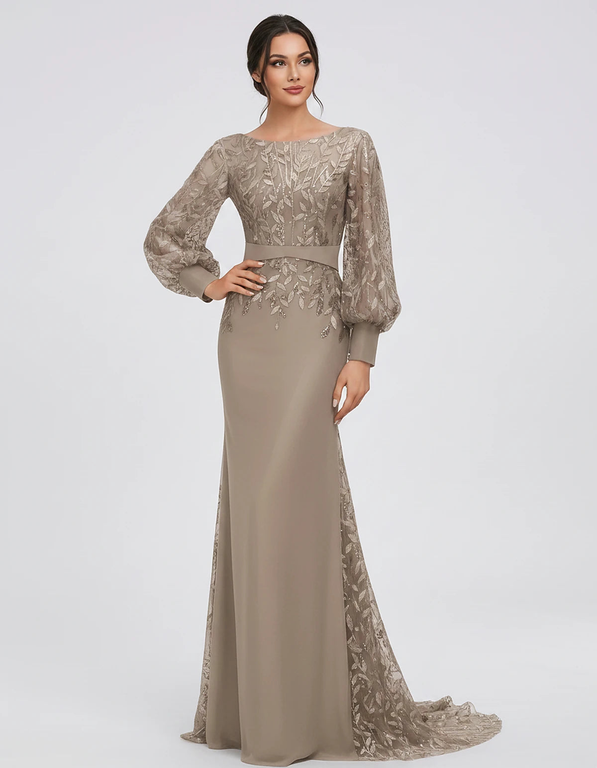 Sequin Chiffon Long Sleeve Crew Neck Mermaid Maxi Dress for Party, Cocktail, Evening, Wedding Guest, Summer Events, front vie