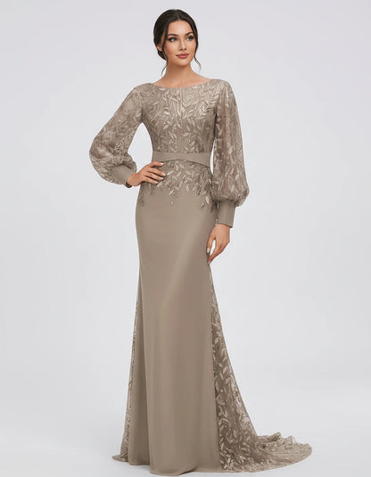 Sequin Chiffon Long Sleeve Crew Neck Mermaid Maxi Dress for Party, Cocktail, Evening, Wedding Guest, Summer Events, front vie
