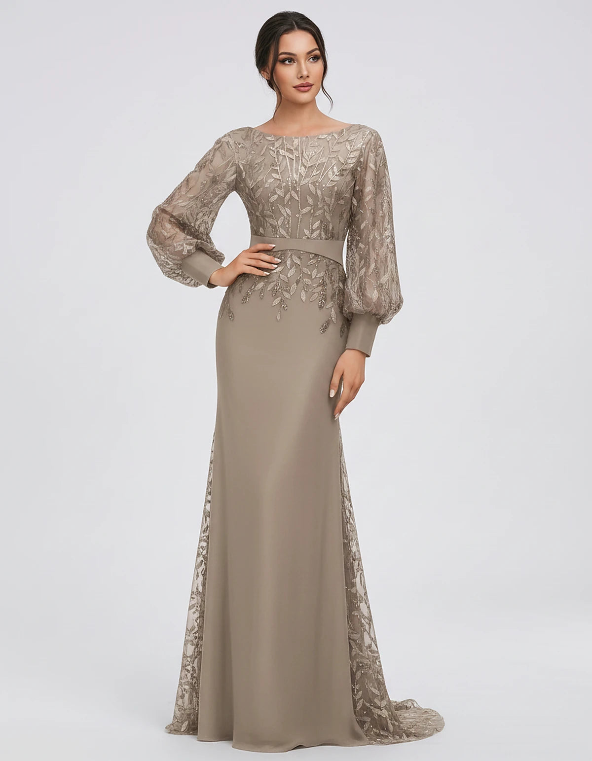 Sequin Chiffon Long Sleeve Crew Neck Mermaid Maxi Dress for Party, Cocktail, Evening, Wedding Guest, Summer Events, front vie