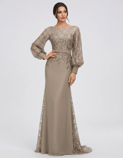 Sequin Chiffon Long Sleeve Crew Neck Mermaid Maxi Dress for Party, Cocktail, Evening, Wedding Guest, Summer Events, front vie