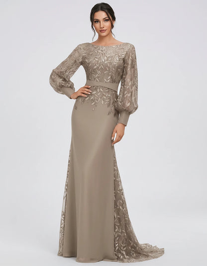 Sequin Chiffon Long Sleeve Crew Neck Mermaid Maxi Dress for Party, Cocktail, Evening, Wedding Guest, Summer Events, front vie