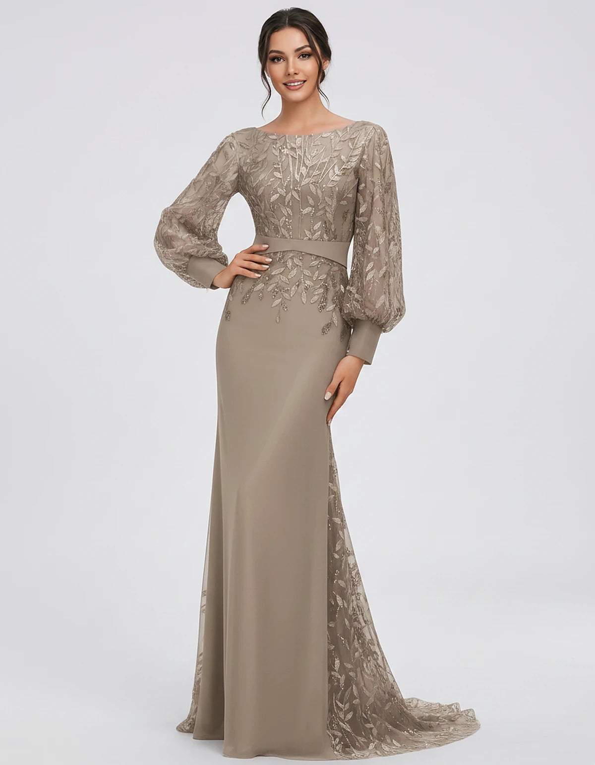 Sequin Chiffon Long Sleeve Crew Neck Mermaid Maxi Dress for Party, Cocktail, Evening, Wedding Guest, Summer Events, front vie