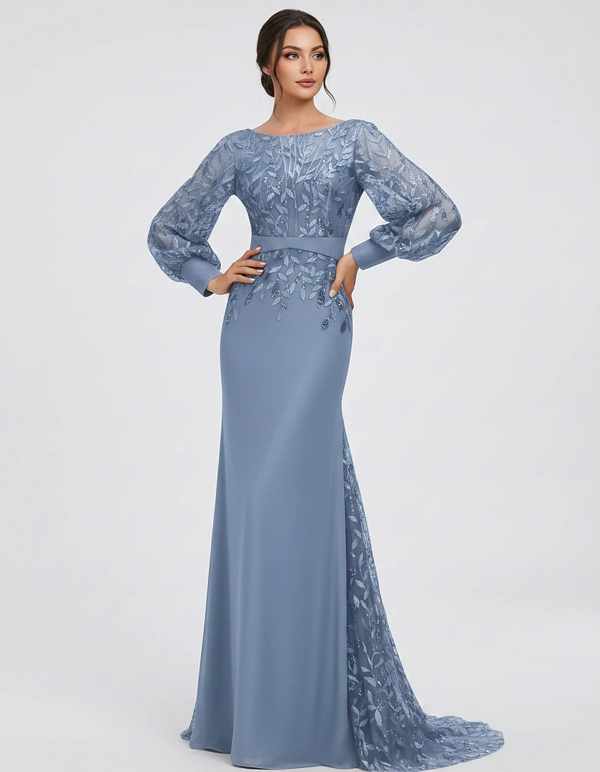 Sequin Chiffon Long Sleeve Crew Neck Mermaid Maxi Dress for Party, Cocktail, Evening, Wedding Guest, Summer Events, front vie
