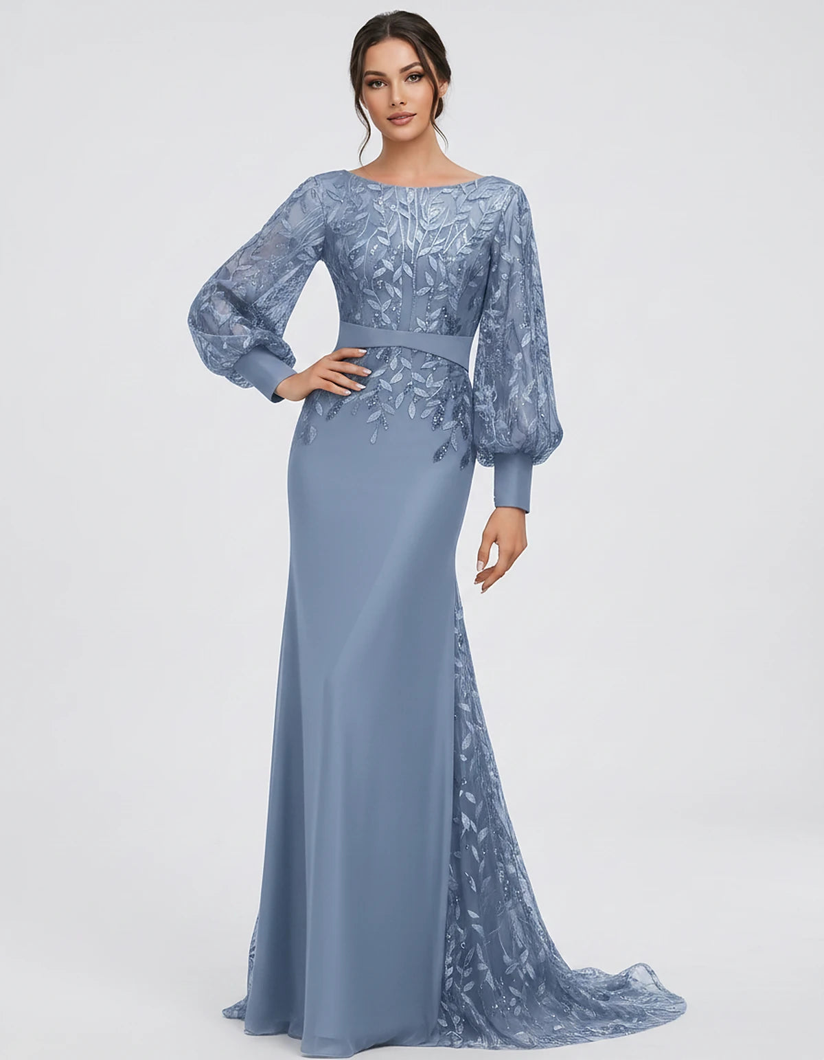 Sequin Chiffon Long Sleeve Crew Neck Mermaid Maxi Dress for Party, Cocktail, Evening, Wedding Guest, Summer Events, front vie