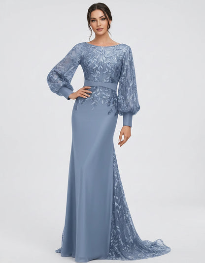 Sequin Chiffon Long Sleeve Crew Neck Mermaid Maxi Dress for Party, Cocktail, Evening, Wedding Guest, Summer Events, front vie