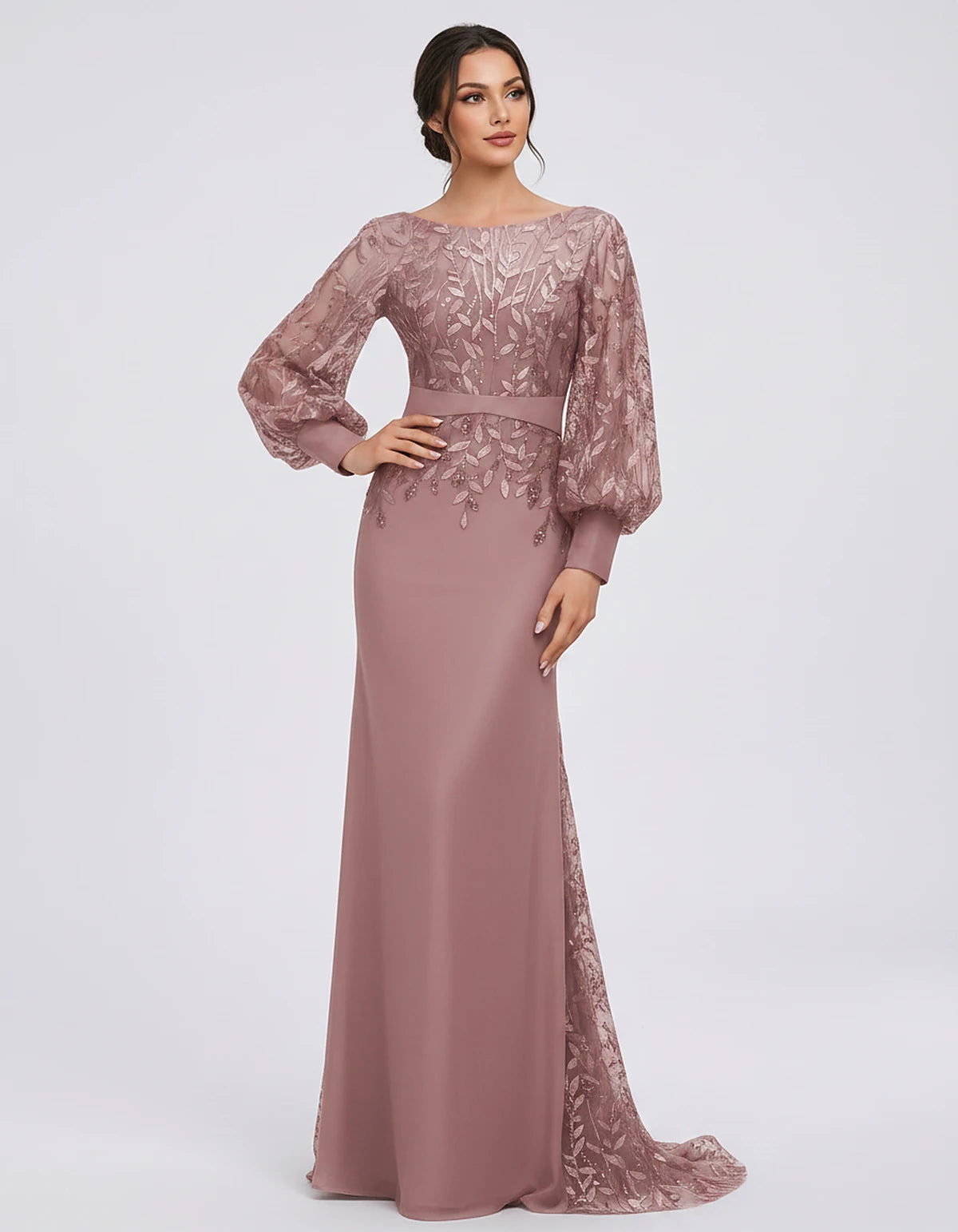 Sequin Chiffon Long Sleeve Crew Neck Mermaid Maxi Dress for Party, Cocktail, Evening, Wedding Guest, Summer Events, front vie