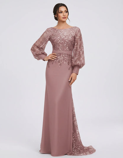 Sequin Chiffon Long Sleeve Crew Neck Mermaid Maxi Dress for Party, Cocktail, Evening, Wedding Guest, Summer Events, front vie