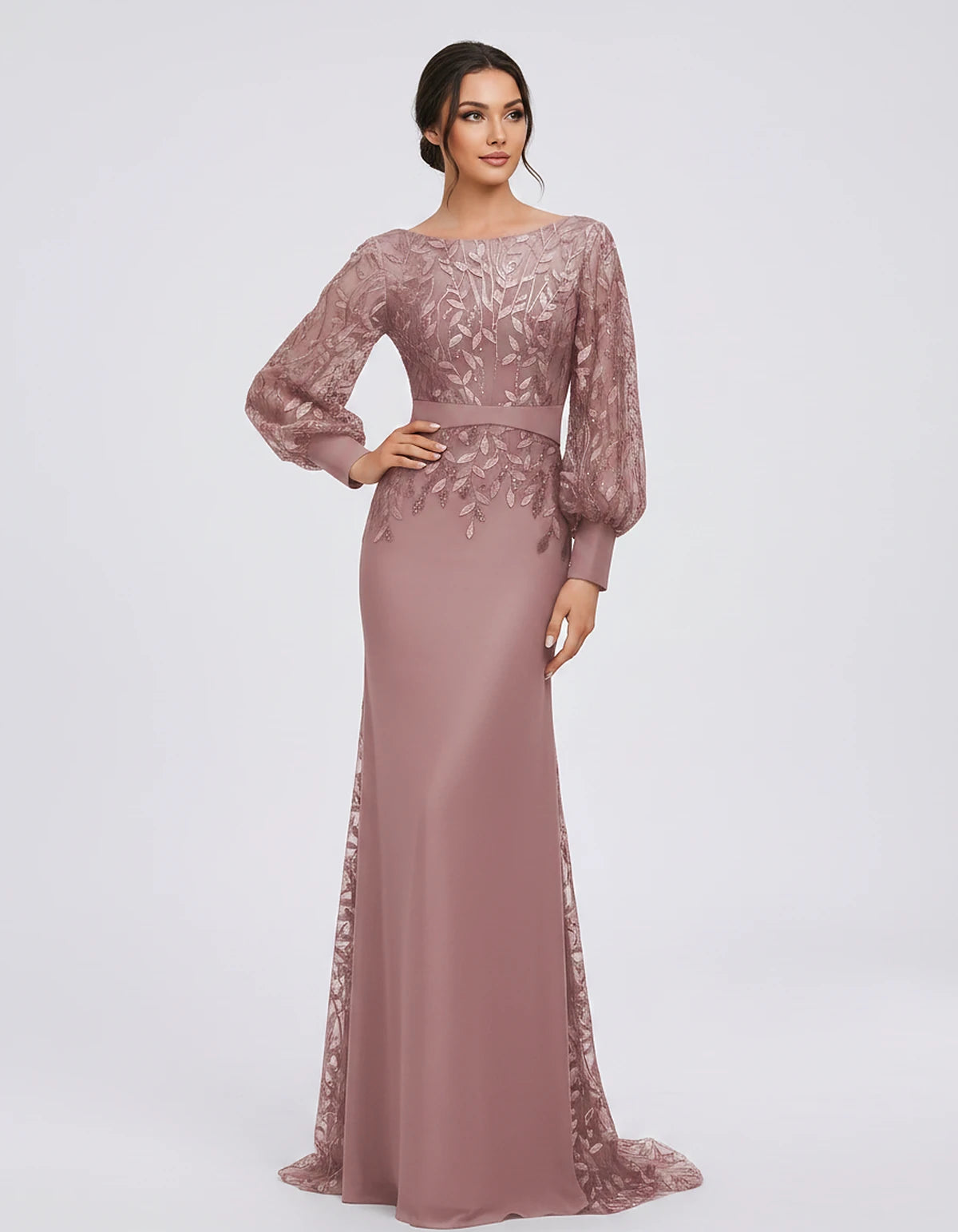 Sequin Chiffon Long Sleeve Crew Neck Mermaid Maxi Dress for Party, Cocktail, Evening, Wedding Guest, Summer Events, front vie