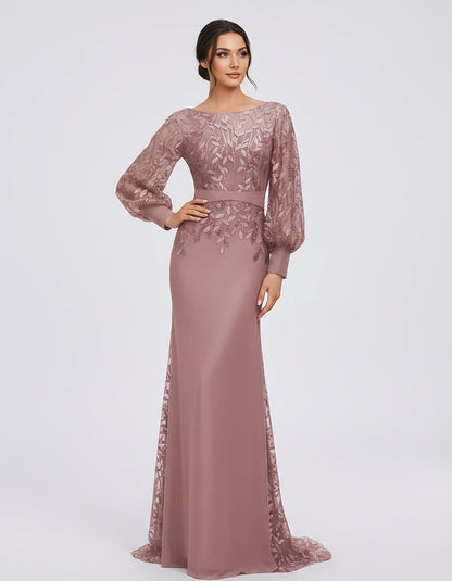 Sequin Chiffon Long Sleeve Crew Neck Mermaid Maxi Dress for Party, Cocktail, Evening, Wedding Guest, Summer Events, front vie