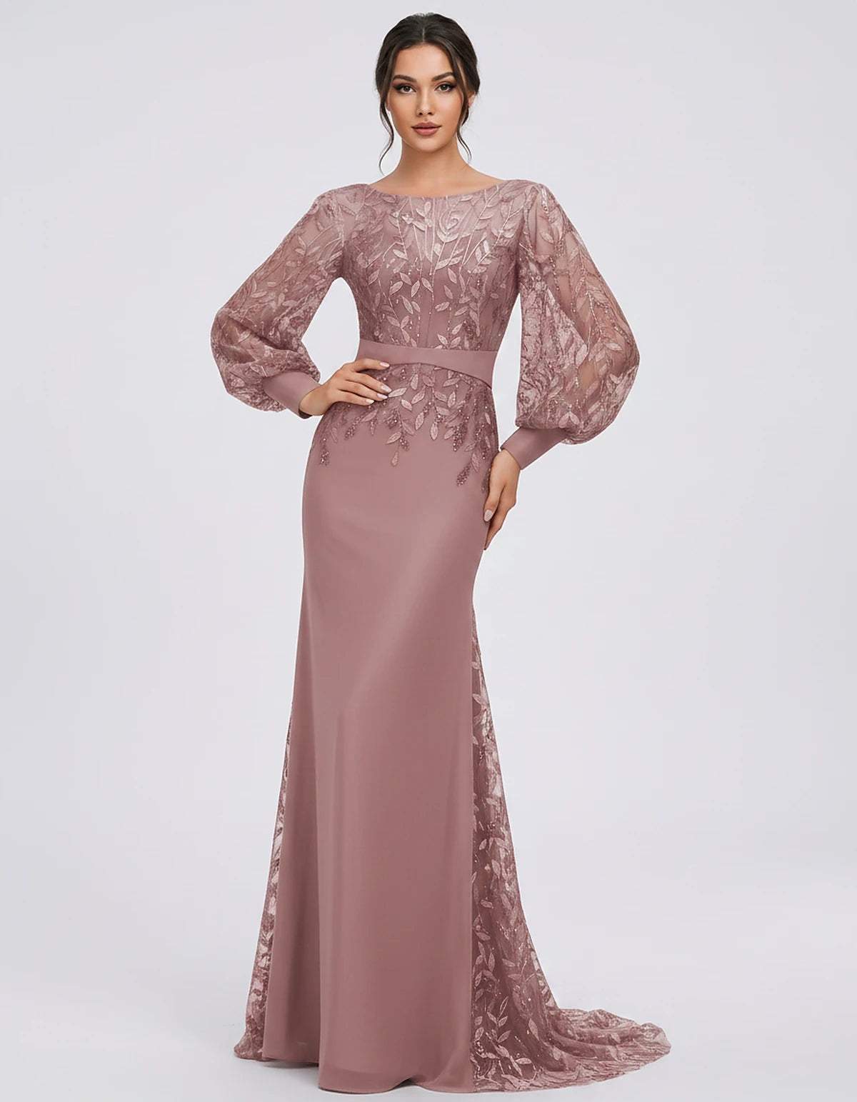 Sequin Chiffon Long Sleeve Crew Neck Mermaid Maxi Dress for Party, Cocktail, Evening, Wedding Guest, Summer Events, front vie