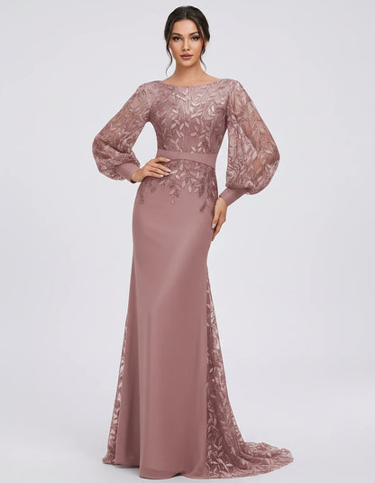 Sequin Chiffon Long Sleeve Crew Neck Mermaid Maxi Dress for Party, Cocktail, Evening, Wedding Guest, Summer Events, front vie