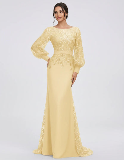 Sequin Chiffon Long Sleeve Crew Neck Mermaid Maxi Dress for Party, Cocktail, Evening, Wedding Guest, Summer Events, front vie