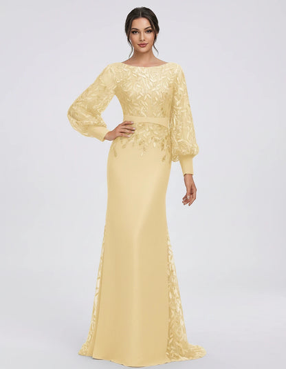 Sequin Chiffon Long Sleeve Crew Neck Mermaid Maxi Dress for Party, Cocktail, Evening, Wedding Guest, Summer Events, front vie