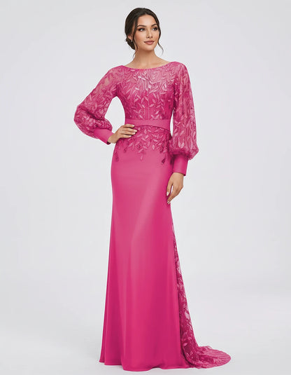 Sequin Chiffon Long Sleeve Crew Neck Mermaid Maxi Dress for Party, Cocktail, Evening, Wedding Guest, Summer Events, front vie