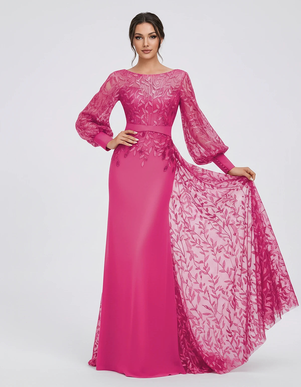 Sequin Chiffon Long Sleeve Crew Neck Mermaid Maxi Dress for Party, Cocktail, Evening, Wedding Guest, Summer Events, front vie