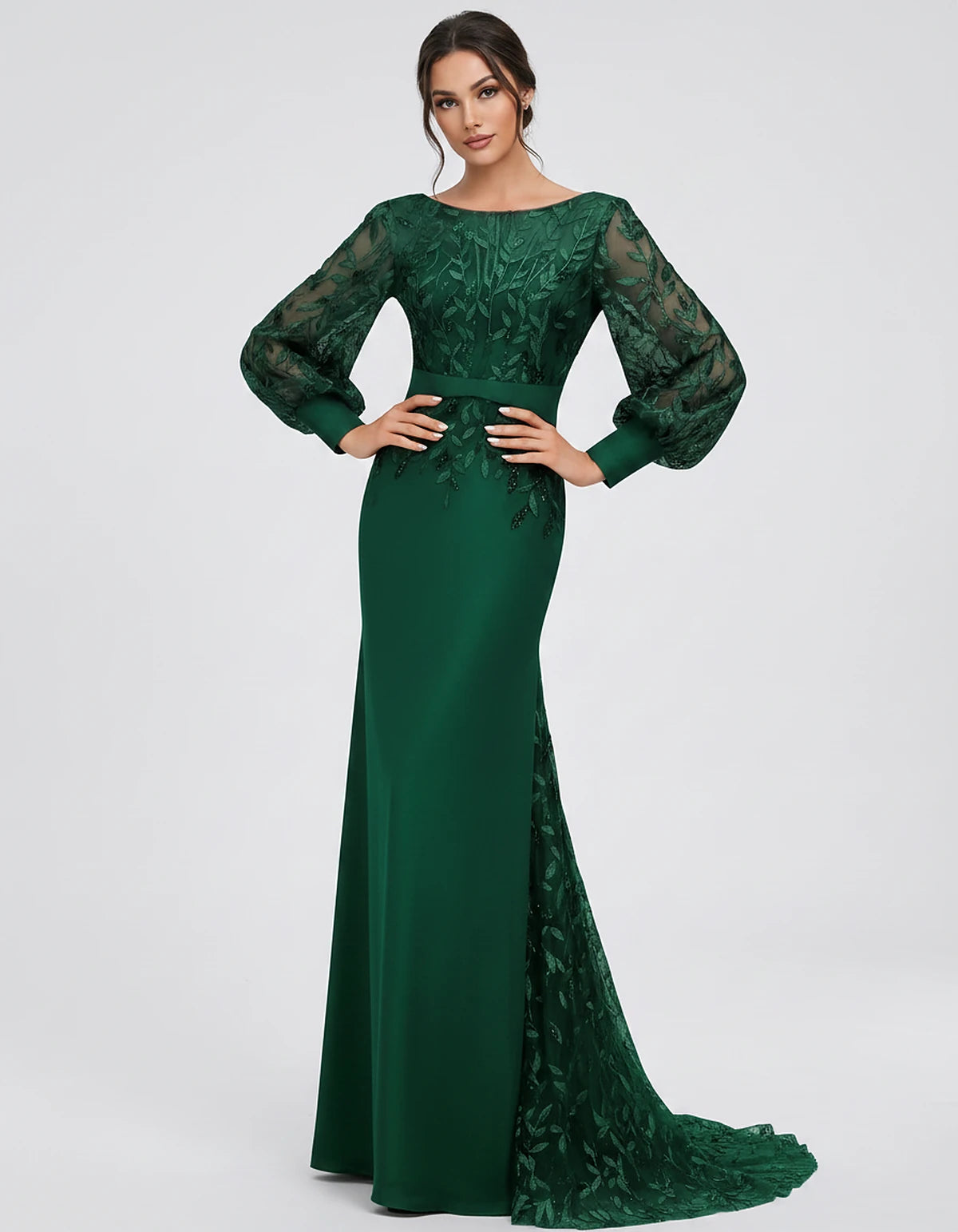 Sequin Chiffon Long Sleeve Crew Neck Mermaid Maxi Dress for Party, Cocktail, Evening, Wedding Guest, Summer Events, front vie