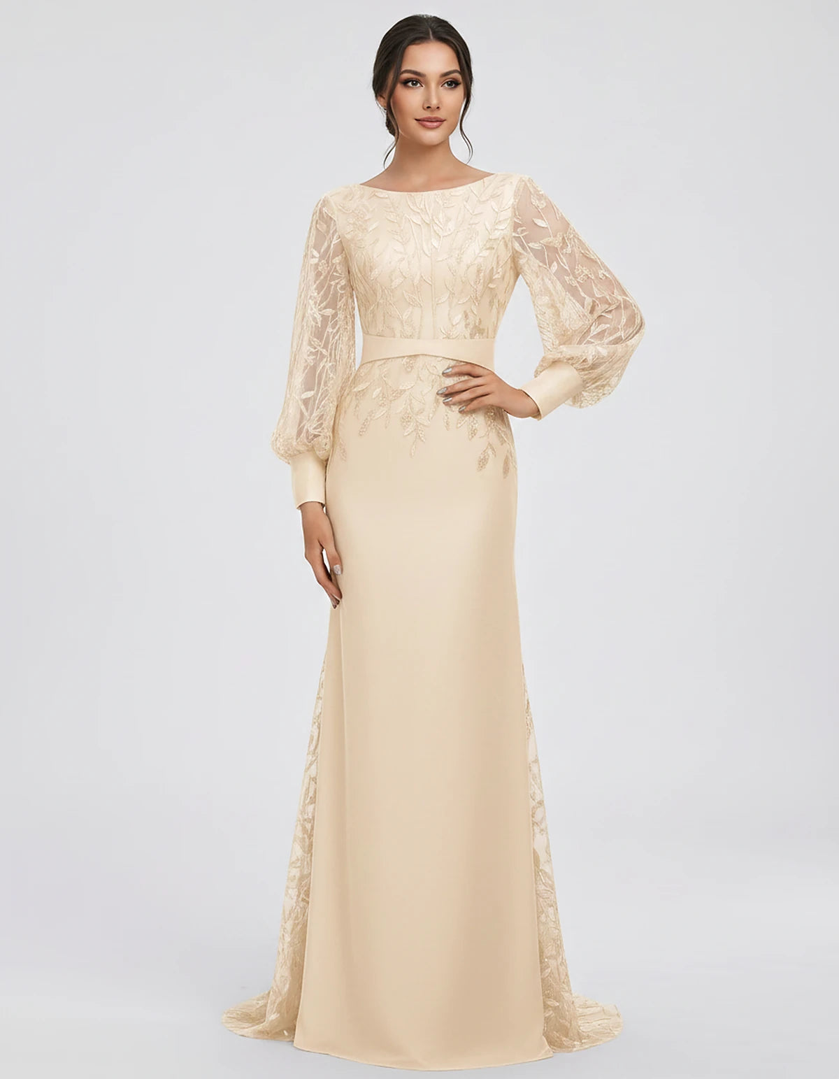 Sequin Chiffon Long Sleeve Crew Neck Mermaid Maxi Dress for Party, Cocktail, Evening, Wedding Guest, Summer Events, front vie