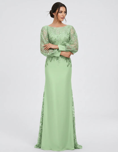 Sequin Chiffon Long Sleeve Crew Neck Mermaid Maxi Dress for Party, Cocktail, Evening, Wedding Guest, Summer Events, front vie