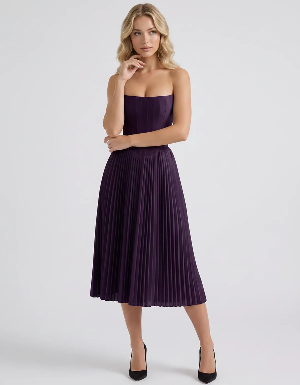 Plum,black,light Blue,blush,lavender,royal Blue,wine,navy,lilac,pink,red,white Satin Slip Strapless Midi Dress | Formal Event | SKU: VMD-482716395104827-PLUM-L,VMD-482716395104827-PLUM-M,VMD-482716395104827-PLUM-S,VMD-482716395104827-PLUM-XL,VMD-482716395104827-PLUM-XS