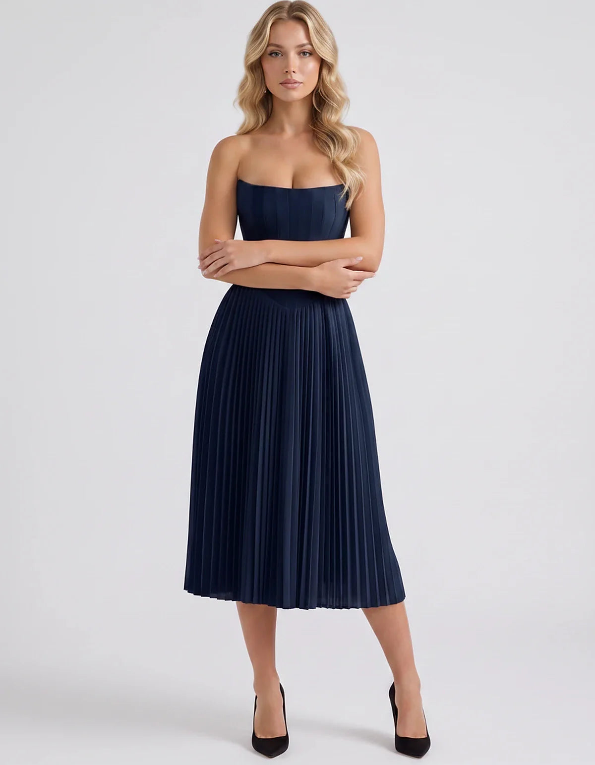 Plum,black,light Blue,blush,lavender,royal Blue,wine,navy,lilac,pink,red,white Satin Slip Strapless Midi Dress | Formal Event | SKU: VMD-482716395104827-NAVY-L,VMD-482716395104827-NAVY-M,VMD-482716395104827-NAVY-S,VMD-482716395104827-NAVY-XL,VMD-482716395104827-NAVY-XS