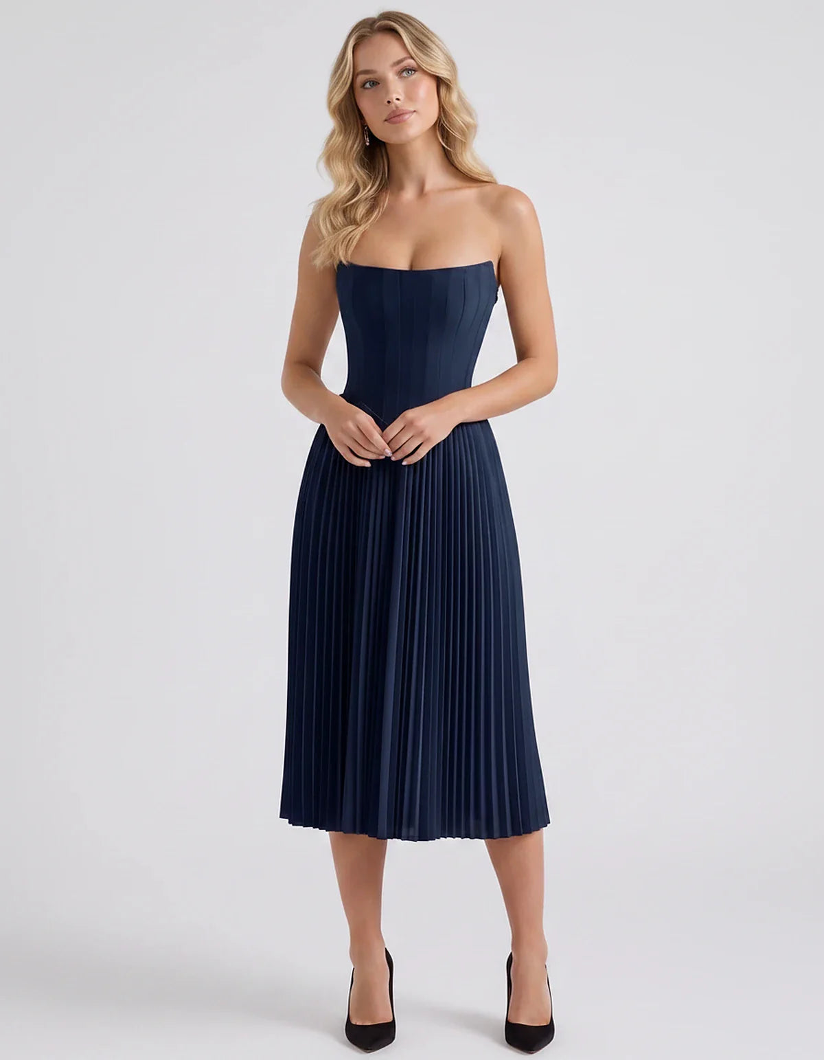 Plum,black,light Blue,blush,lavender,royal Blue,wine,navy,lilac,pink,red,white Satin Slip Strapless Midi Dress | Formal Event | SKU: VMD-482716395104827-NAVY-L,VMD-482716395104827-NAVY-M,VMD-482716395104827-NAVY-S,VMD-482716395104827-NAVY-XL,VMD-482716395104827-NAVY-XS