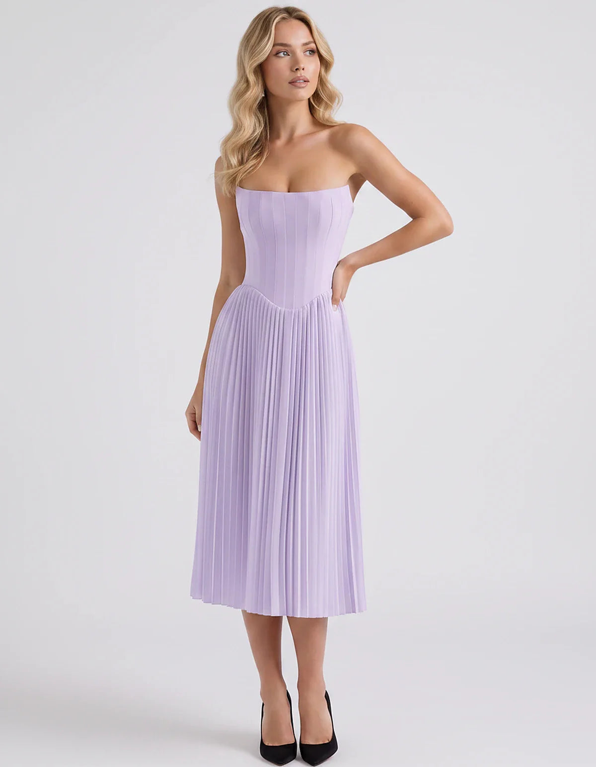Plum,black,light Blue,blush,lavender,royal Blue,wine,navy,lilac,pink,red,white Satin Slip Strapless Midi Dress | Formal Event | SKU: VMD-482716395104827-LILAC-L,VMD-482716395104827-LILAC-M,VMD-482716395104827-LILAC-S,VMD-482716395104827-LILAC-XL,VMD-482716395104827-LILAC-XS