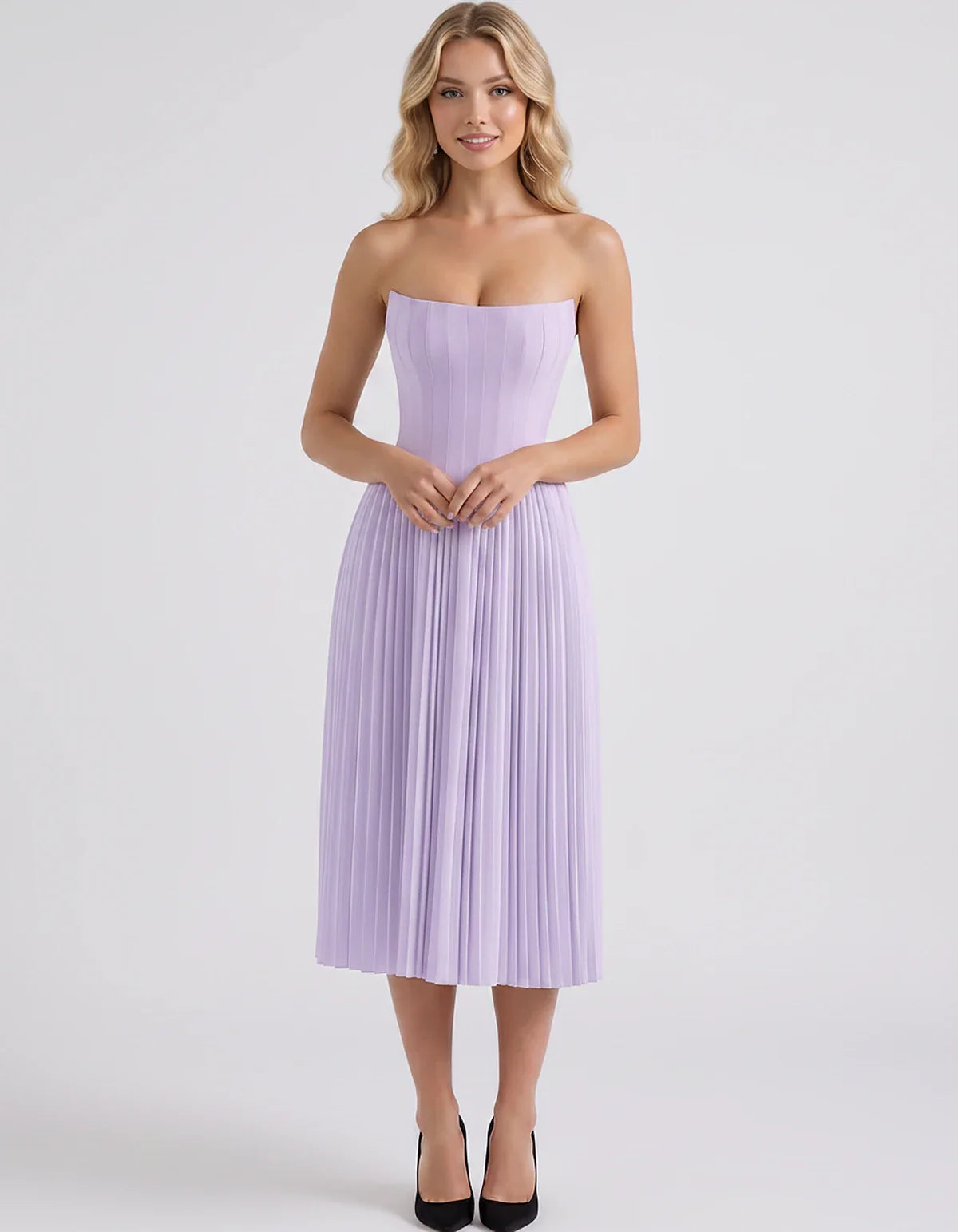 Plum,black,light Blue,blush,lavender,royal Blue,wine,navy,lilac,pink,red,white Satin Slip Strapless Midi Dress | Formal Event | SKU: VMD-482716395104827-LILAC-L,VMD-482716395104827-LILAC-M,VMD-482716395104827-LILAC-S,VMD-482716395104827-LILAC-XL,VMD-482716395104827-LILAC-XS