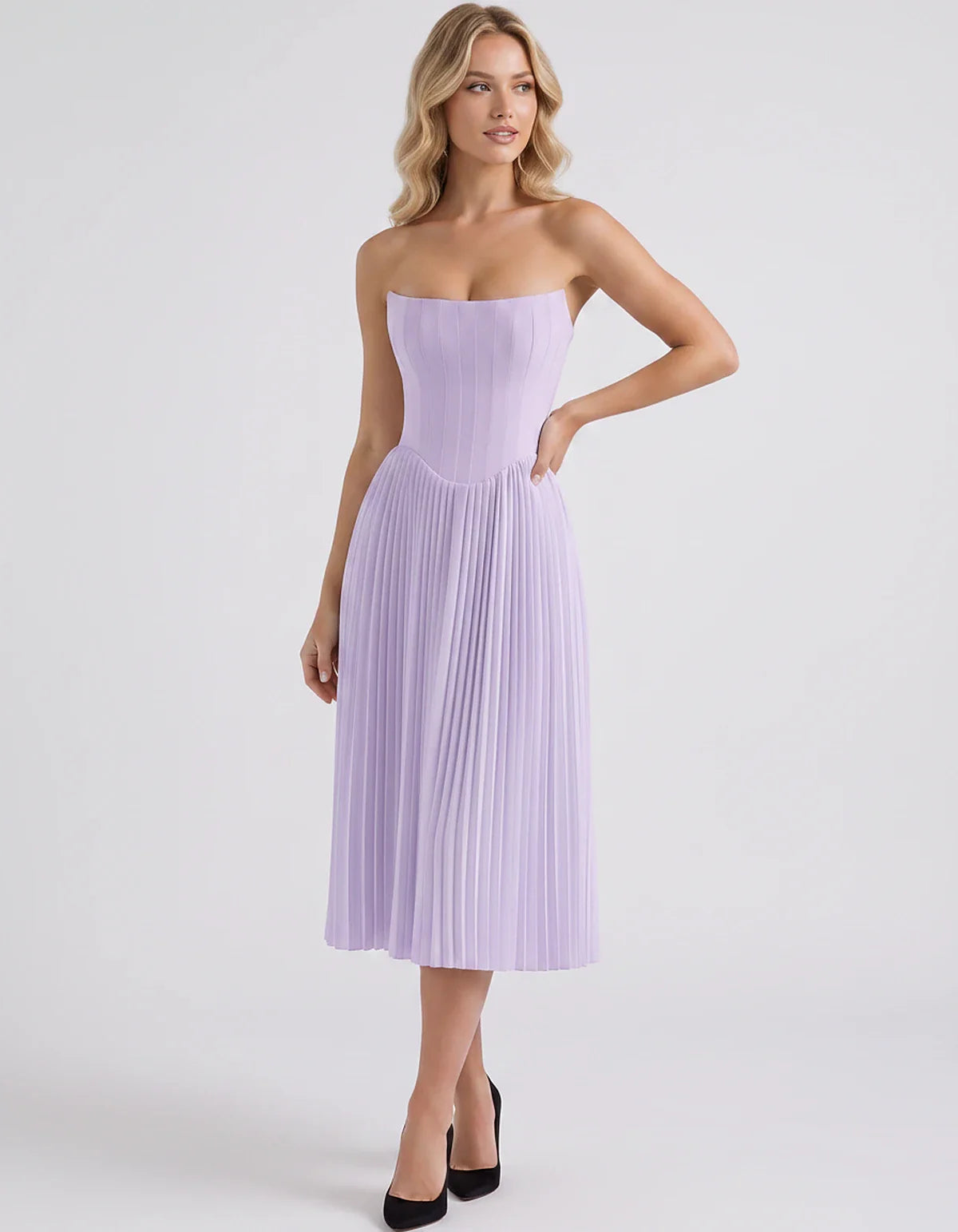 Plum,black,light Blue,blush,lavender,royal Blue,wine,navy,lilac,pink,red,white Satin Slip Strapless Midi Dress | Formal Event | SKU: VMD-482716395104827-LILAC-L,VMD-482716395104827-LILAC-M,VMD-482716395104827-LILAC-S,VMD-482716395104827-LILAC-XL,VMD-482716395104827-LILAC-XS
