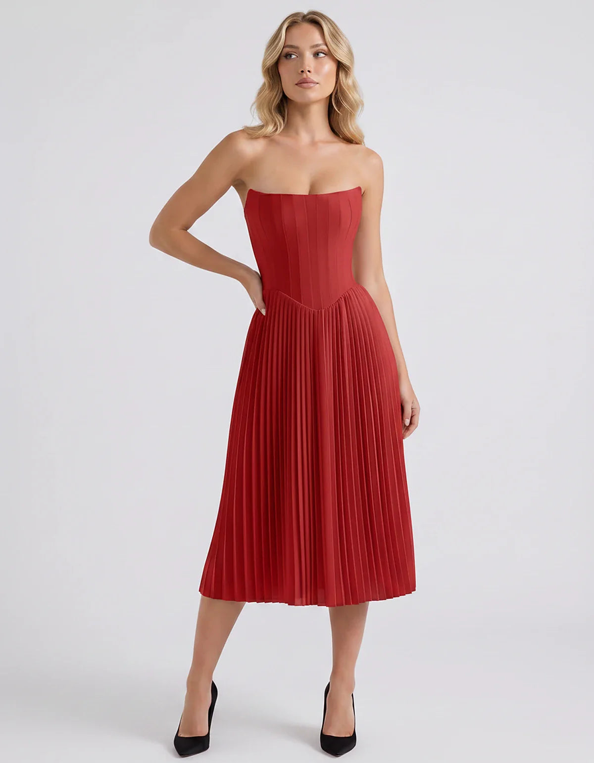 Plum,black,light Blue,blush,lavender,royal Blue,wine,navy,lilac,pink,red,white Satin Slip Strapless Midi Dress | Formal Event | SKU: VMD-482716395104827-RED-L,VMD-482716395104827-RED-M,VMD-482716395104827-RED-S,VMD-482716395104827-RED-XL,VMD-482716395104827-RED-XS