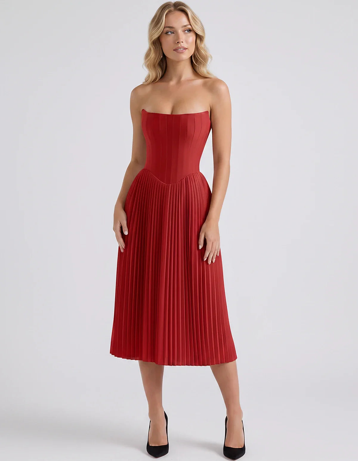Plum,black,light Blue,blush,lavender,royal Blue,wine,navy,lilac,pink,red,white Satin Slip Strapless Midi Dress | Formal Event | SKU: VMD-482716395104827-RED-L,VMD-482716395104827-RED-M,VMD-482716395104827-RED-S,VMD-482716395104827-RED-XL,VMD-482716395104827-RED-XS