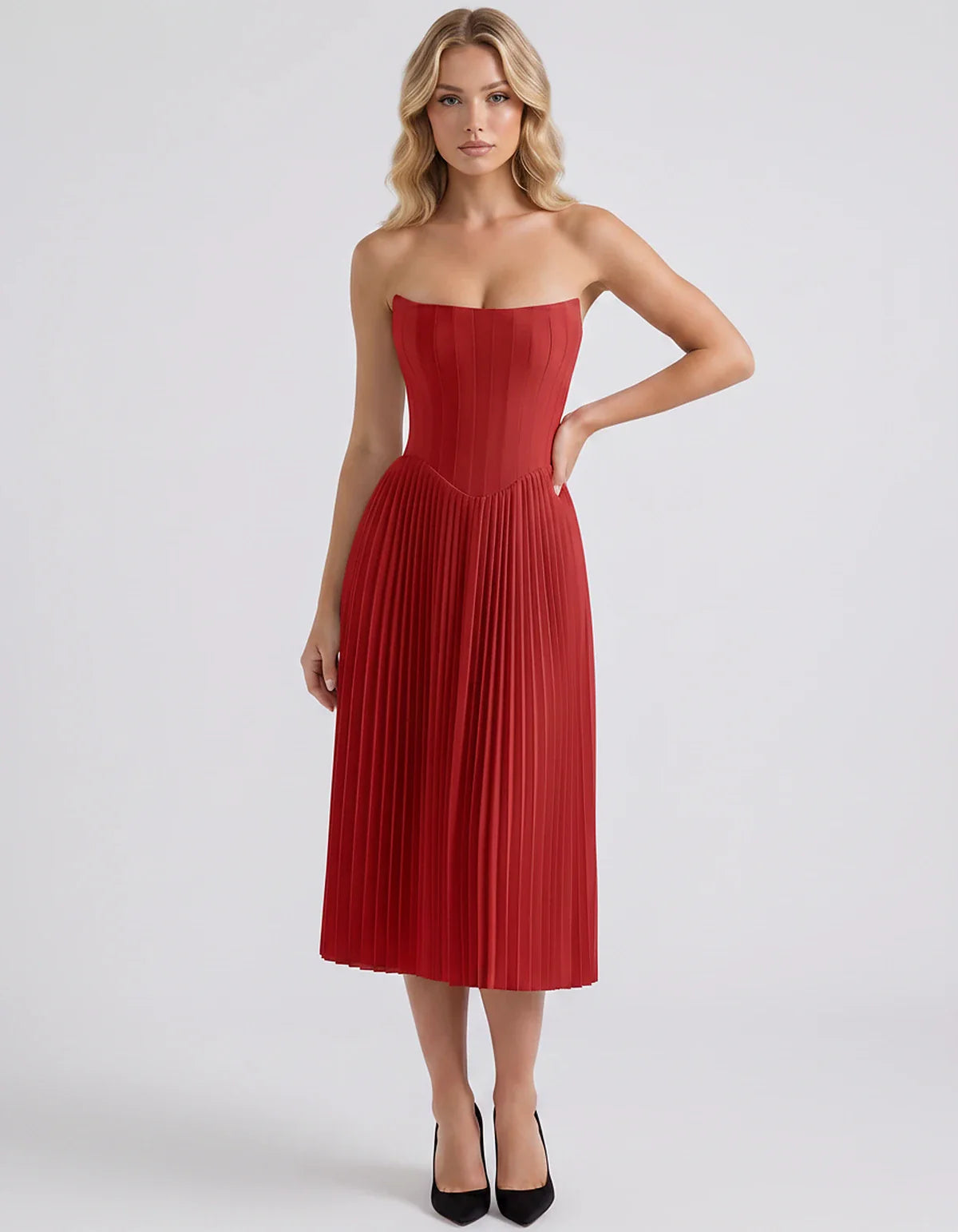 Plum,black,light Blue,blush,lavender,royal Blue,wine,navy,lilac,pink,red,white Satin Slip Strapless Midi Dress | Formal Event | SKU: VMD-482716395104827-RED-L,VMD-482716395104827-RED-M,VMD-482716395104827-RED-S,VMD-482716395104827-RED-XL,VMD-482716395104827-RED-XS