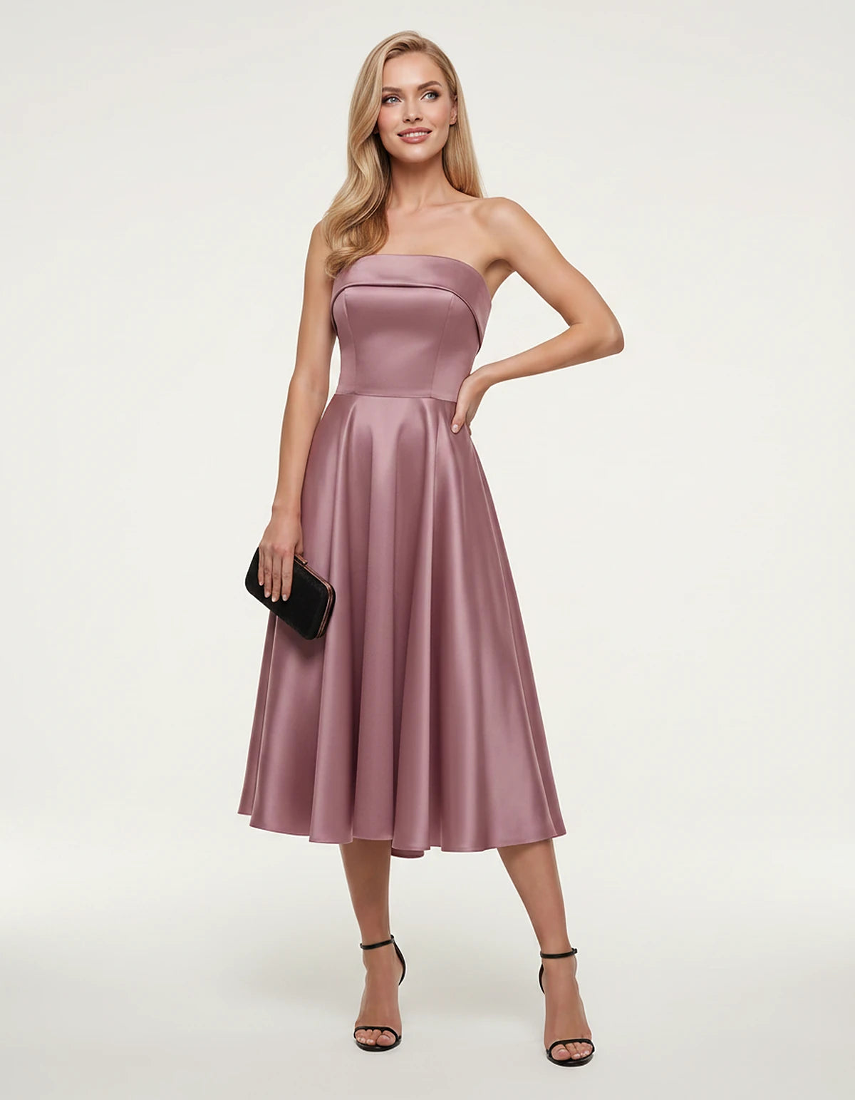 Satin Strapless A-Line Tea Length Midi Dress for Party, Cocktail, Evening, Prom, Wedding Guest and Summer Events, front view 