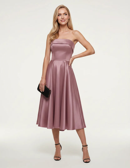 Satin Strapless A-Line Tea Length Midi Dress for Party, Cocktail, Evening, Prom, Wedding Guest and Summer Events, front view 